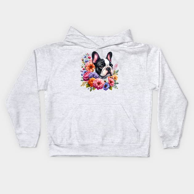 A French bulldog with beautiful colorful flowers Kids Hoodie by CreativeSparkzz